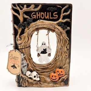 Sweet Street Halloween Ghouls Book Diorama Ghost on Swing Black Cat Resin Decor